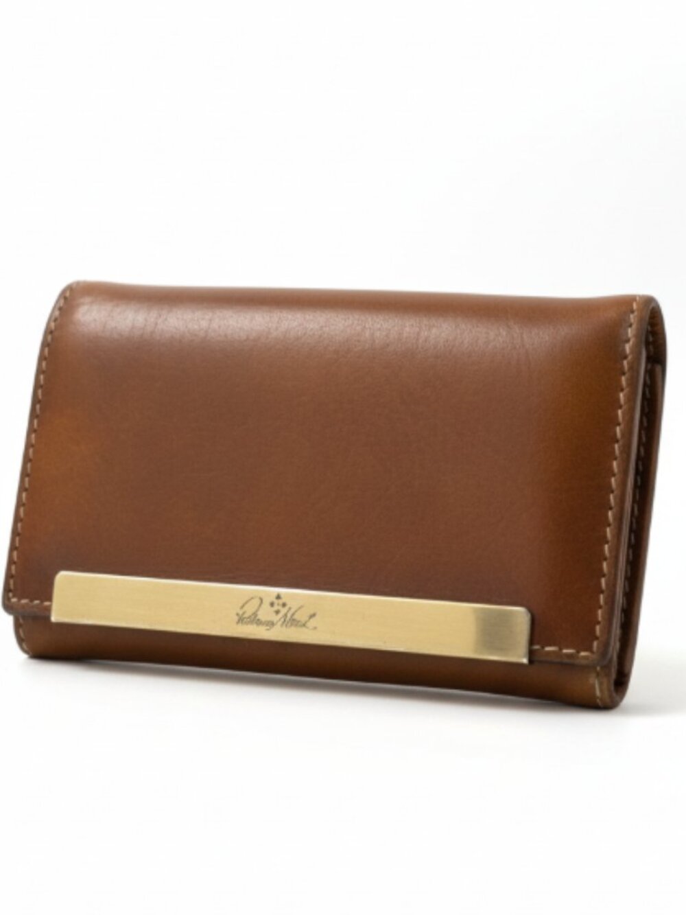 Patricia Nash Cametti Womens Trifold Wallet Cognac Leather Brass Bar Organizer